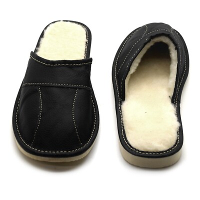 Mens Sheepskin Slippers Mule Shoes Warm Leather Wool Size