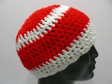 RED  WHITE - HAND KNITTED - ONE SIZE STOCKING CAP BEANIE HAT 