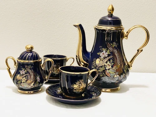 Set of 2 Royal Linoj Seckin Limoges Porcelain Cobalt Blue Teacup/Saucer Sets