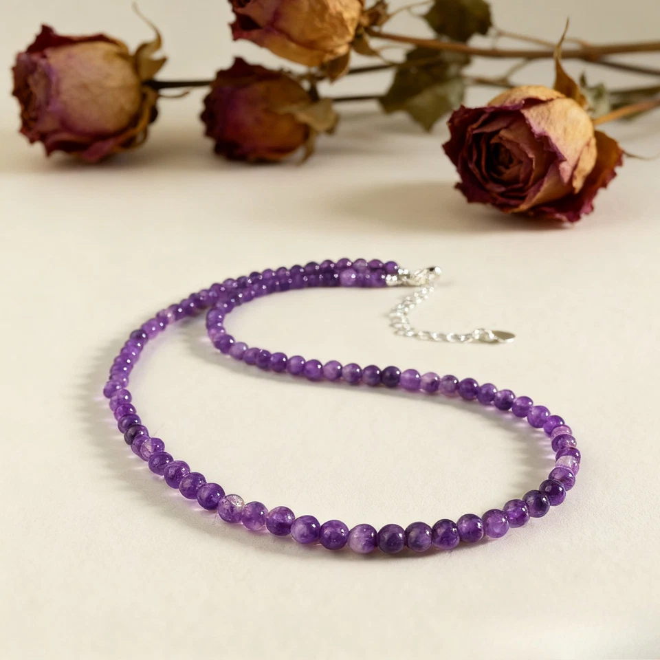Натуральный аметист 2 мм бусины ошейник минималистский изящный исцеления Рейки ожерелье подарок - Изображение 2 из 4