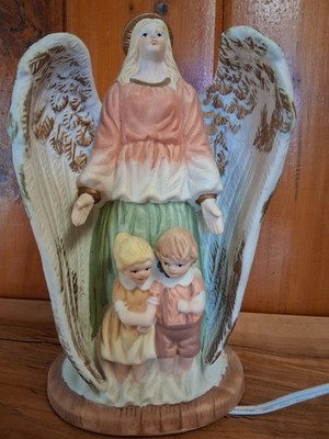 Vintage Lighted Guardian Angel Lamp Figurine Protecting Children   Religious...