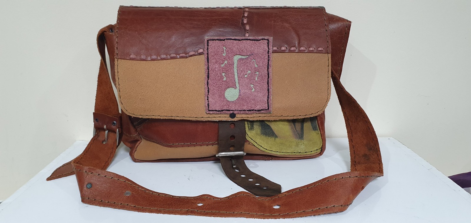 Hand made patchwork leather brown messenger bag - image 4