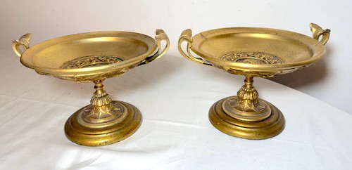 Pair of antique 19th century gilt bronze wood tazza centerpiece bowl compote