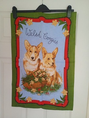 Vintage Welsh Corgis Geschirrtuch Clive Mayor 1982 neu unbenutzt lebendige Farben 