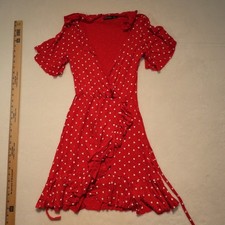 Nasty Gal Red Heart Print Wrap Dress Size 4 Ruffle V-Neck Mini Short Sleeve