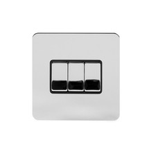 Polished Chrome Flat Plate 10A 3 Gang Intermediate Switch Blk Ins Screwless