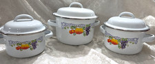 Set of 3 Vtg Enamelware Pots w/lids Fruit Pattern