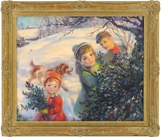 Children in Winter Landscape Original Oil Painting by John Strevens (1902 1990)