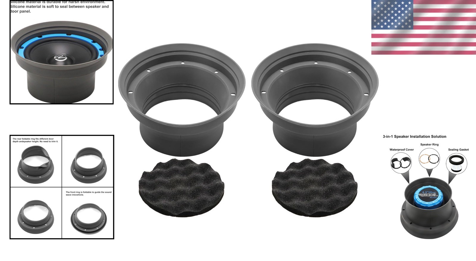 Foldable Silicone Car Speaker Baffle Kit 6.5 Inch Waterproof Sound Protection