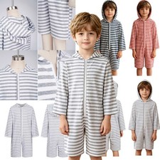 Kids Striped Hooded Adaptive Jumpsuit Full Front Zip Special Needs Bodysuit
