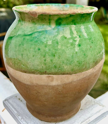 FRENCH ANTIQUE POTTERY CONFIT TERRINE TUREEN EARTHENWARE CONFIT GREEN GLAZE JAR