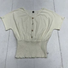 Shein Ivory Textured Smocked Waist Button Detail Blouse Women's Size XL 
