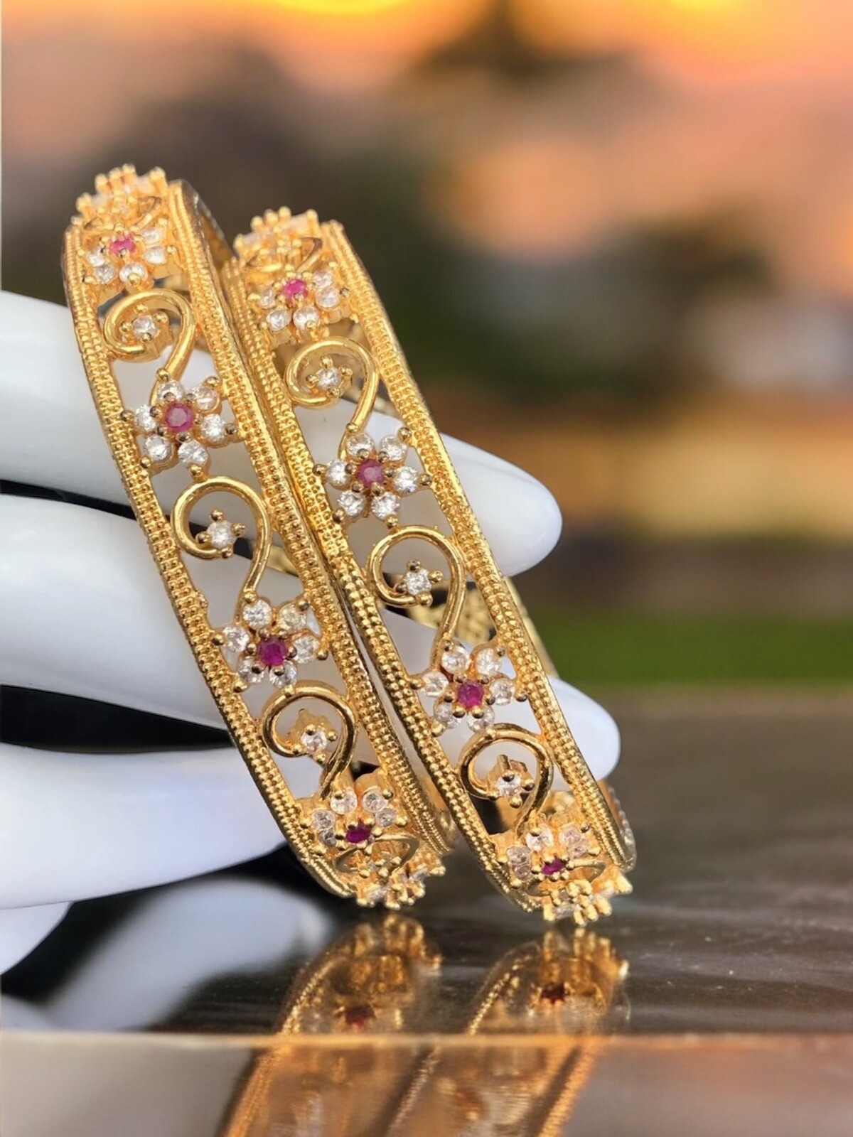 ￼ Vintage crystal Ruby flower design Bollywood go… - image 1