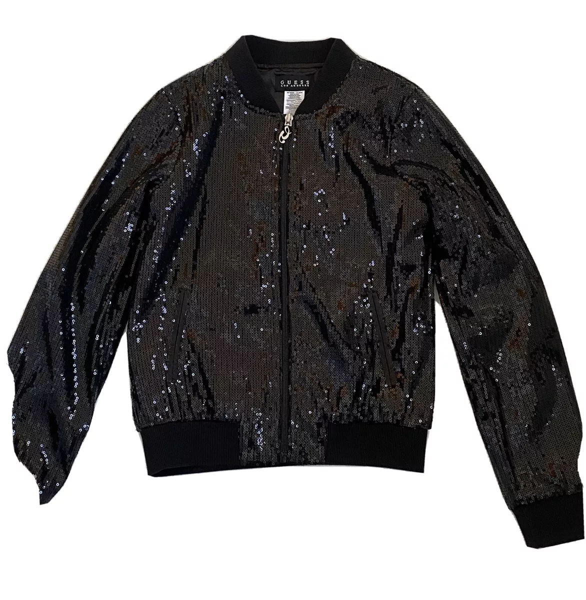Guess Los Angeles Girls Black Sequin Bomber Jacket. Size 14 Years