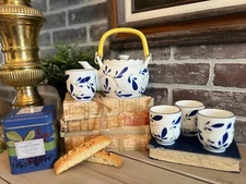 Vintage Otagiri Blue Leaf 5 piece Tea Set, hand painted, made in Japan