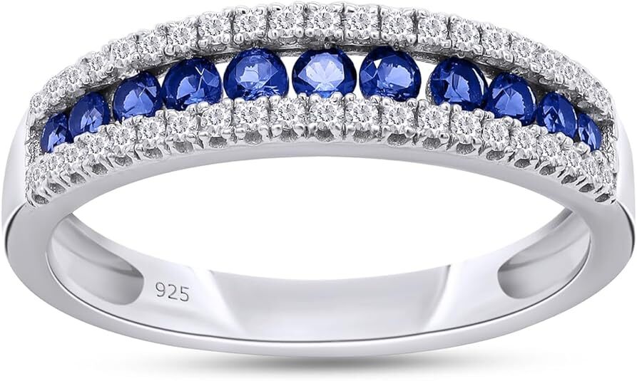 Engagement Wedding Band Ring Simulated Blue Sapphire & CZ in 925 Sterling Silver-image