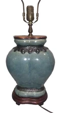 Vtg Chinese Blue Glazed Jar Wood Top Vase Pottery Lamps 16.5”T 9.5”W 4 1/8”Deep