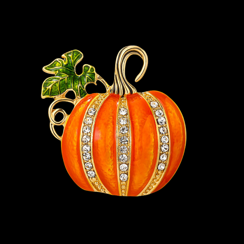 Orange Enamel Crystal Halloween Leaf Pumpkin Brooch Pin
