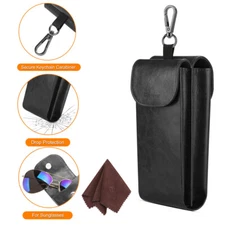 Double Glasses Case Sunglasses Eyeglasses Eyewear Protective Pouch Bag w/ Hook