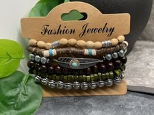 5 PC Handmade Boho Wood Bead Stackable 7  Plus Stretch Charm Bracelet Set B3398