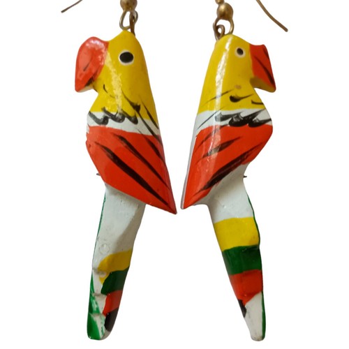 Wooden Parrot Head Dangle Earrings Pierced Vintage 90s Parrot Key West Tropical