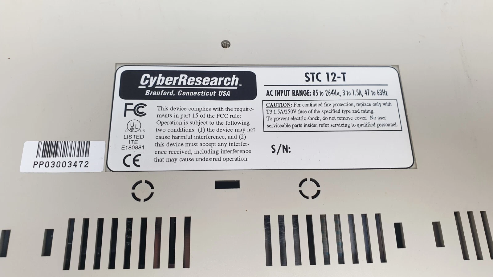STC 12-T nameplate: CyberResearch, AC input 85–264 VAC, fuse T3.15 A/250 V