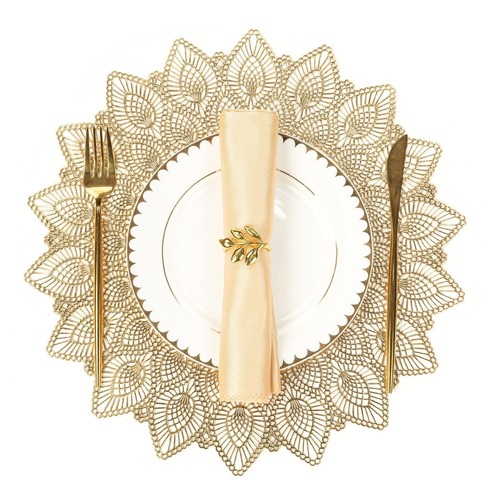Round Gold Table Placemats Set Of 6 Hollow Pressed Vinyl Waterproof Wipable Plac - Picture 9 of 9