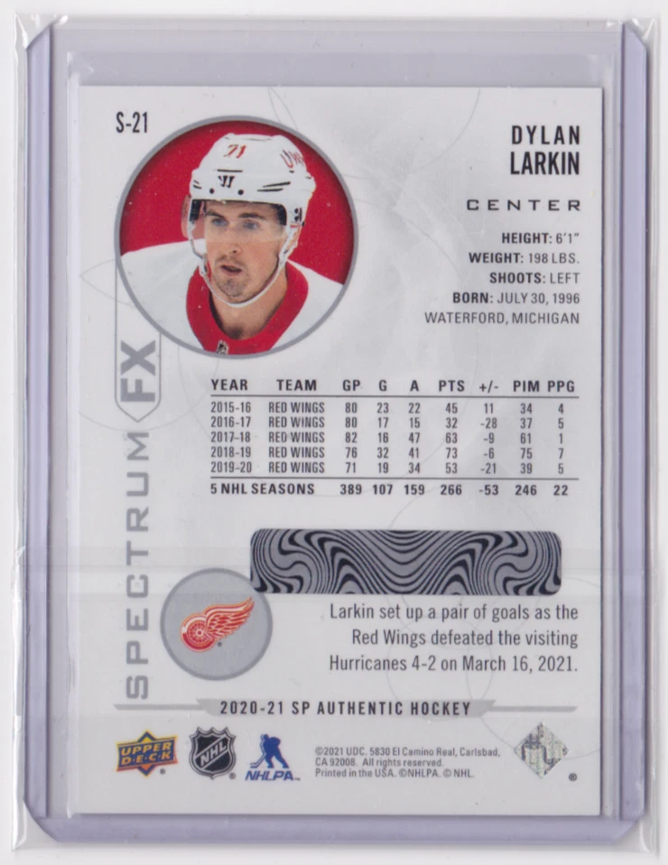 2020-21 UD SP AUTHENTIC SPECTRUM FX INSERT DYLAN LARKIN #S-21 DETROIT RED WINGS - Image 2 of 2