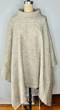 VTG HILANA IVORY TAN GRAY TWEED KNIT WOOL BLEND MOCK NECK PONCHO CAPE COAT L