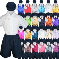 5pc Baby Boys Toddler Formal Vest Shorts Navy Suit Satin Vest Long Tie Set S-4T