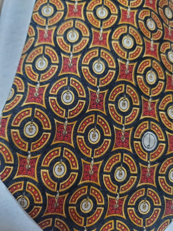 Corbata de seda Dunhill negra dorada marrón geométrica para hombre Inglaterra 57 x 3,5/8 Foto 2 de 4