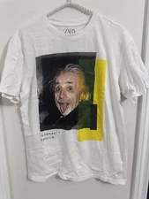 Zara T-Shirt Einstein Print Back Logo Street Small Y2K