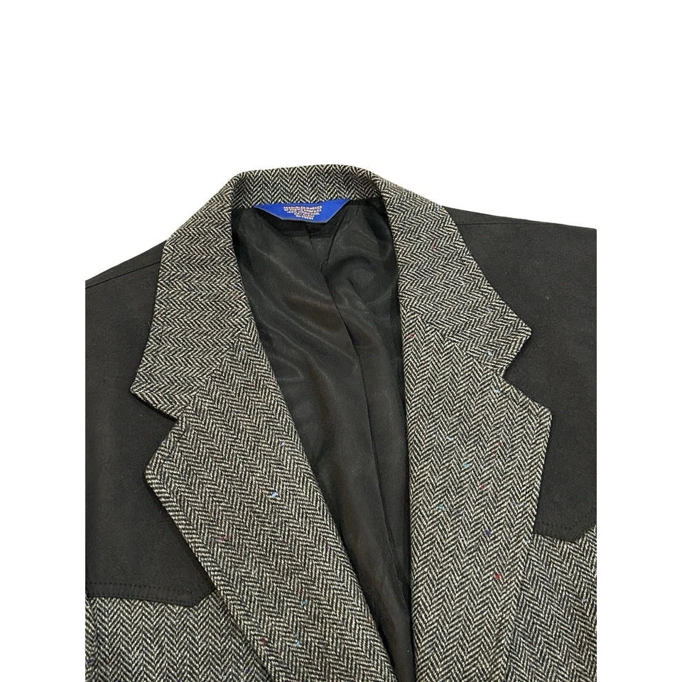Pendleton Mens Western Blazer Jacket Size 46 Long Gray Herringbone Wool & Suede - Image 4 of 4