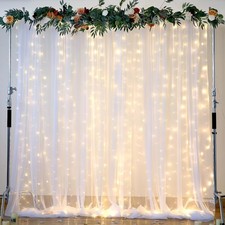 White Tulle Backdrop Curtain with Lights String for Parites 10 8ft Sheer