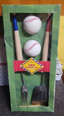 Hallmark Baseball BBQ Utensil Set Salt Pepper Spatula Fork Set NEW IN BOX 