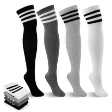 Okxiri 4 Pack Thigh High Socks, Striped Middle -21inch, Black, White, Grey 