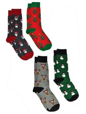 Men's Christmas Socks Santa Claus Trees Snowmen Reindeer Size 10-13 4-Pair Set 
