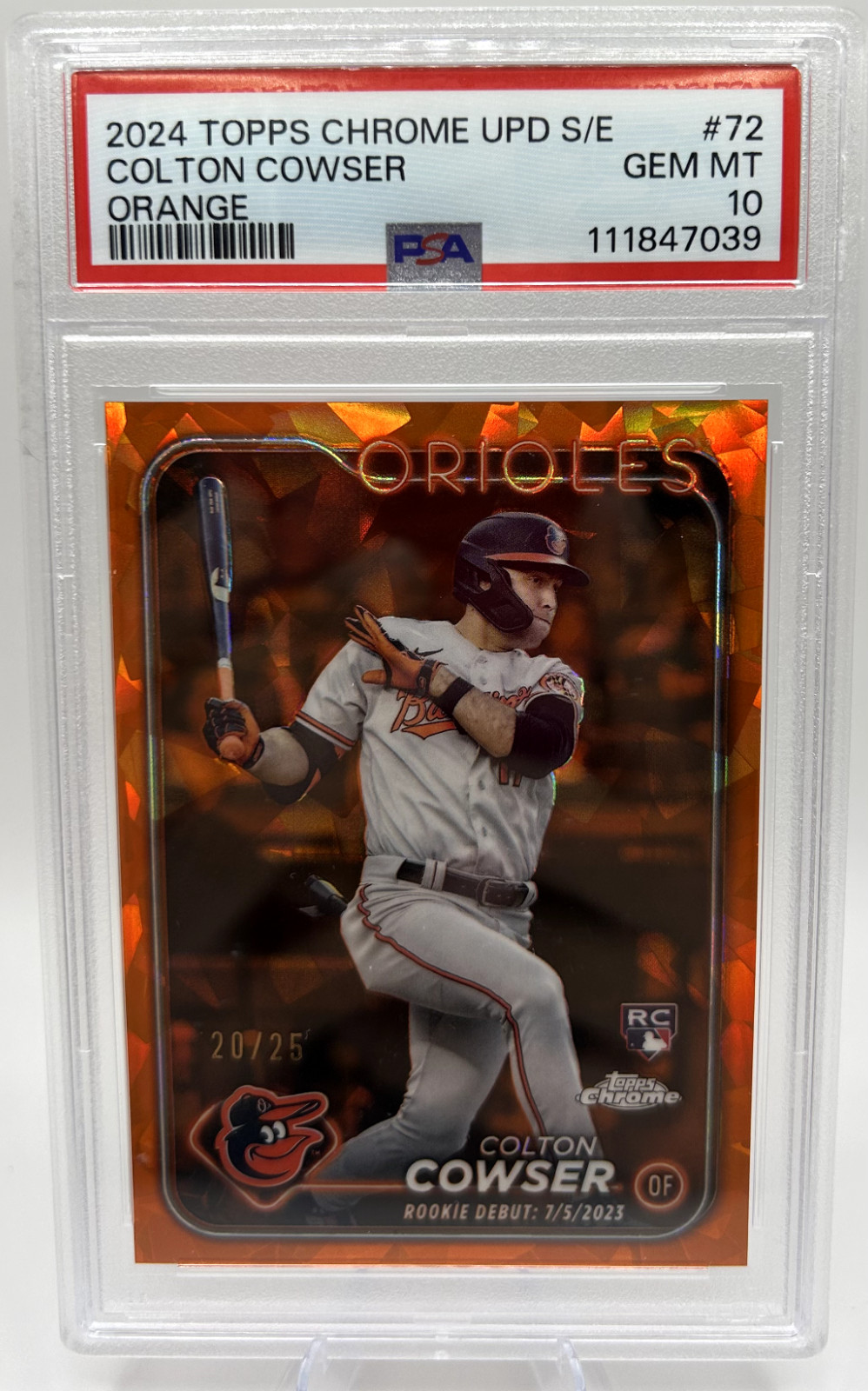 2024 Topps Chrome UPD Sapphire Orange Ice /25 Colton Cowser RC Debut PSA 10