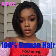 100 Human Hair Bob Wigs Side Part Lace Front Natural Black for Black Women 13x4