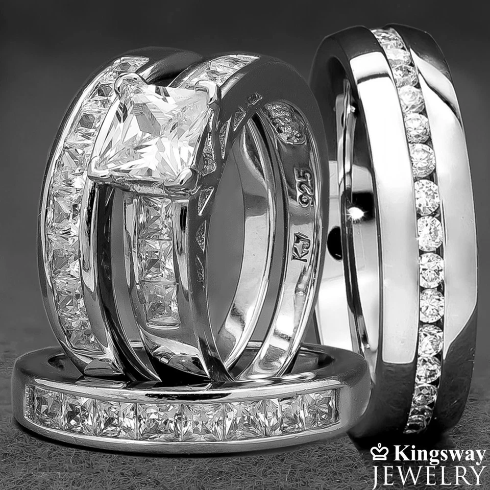 Juego de 4 anillos de boda nupciales de plata esterlina y acero inoxidable para mujer nuevo Foto 3 de 4