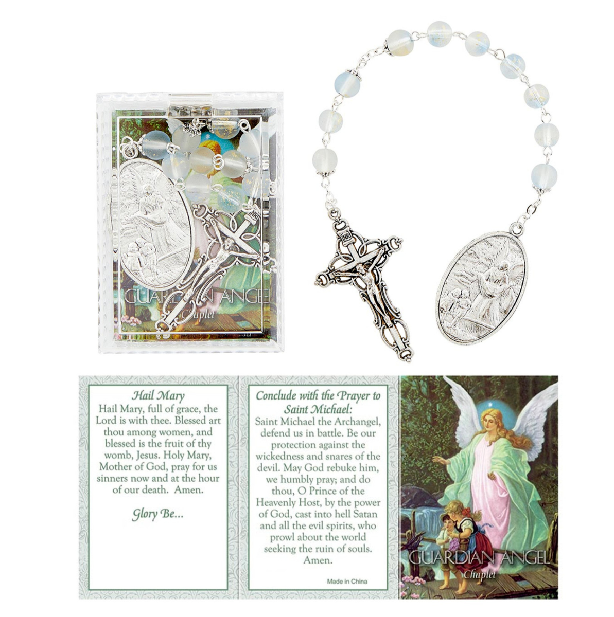 Guardian Angel Chaplet with Prayer Card & Box 8mm Glass Beads