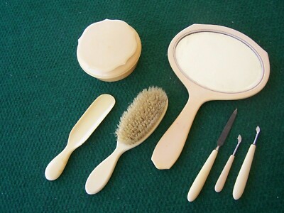 Art deco celluloid vintage 7 piece dresser set 7 PIECE VINTAGE BAKELITE CELLULOID / ART DECO DRESSER  main image 4