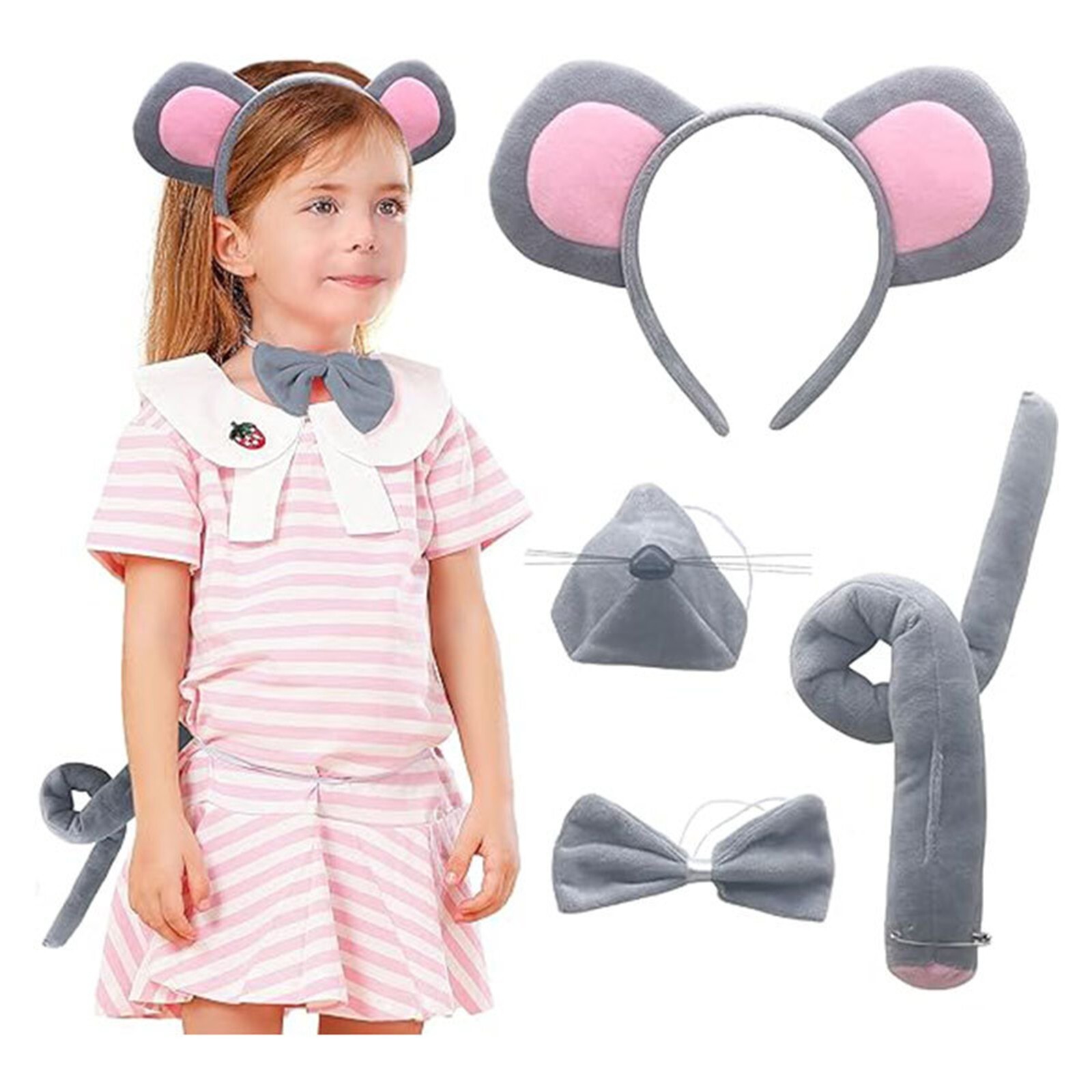Mouse Costume Ears Headband Tail Bow Tie Accessories Set : Standing Up Ears