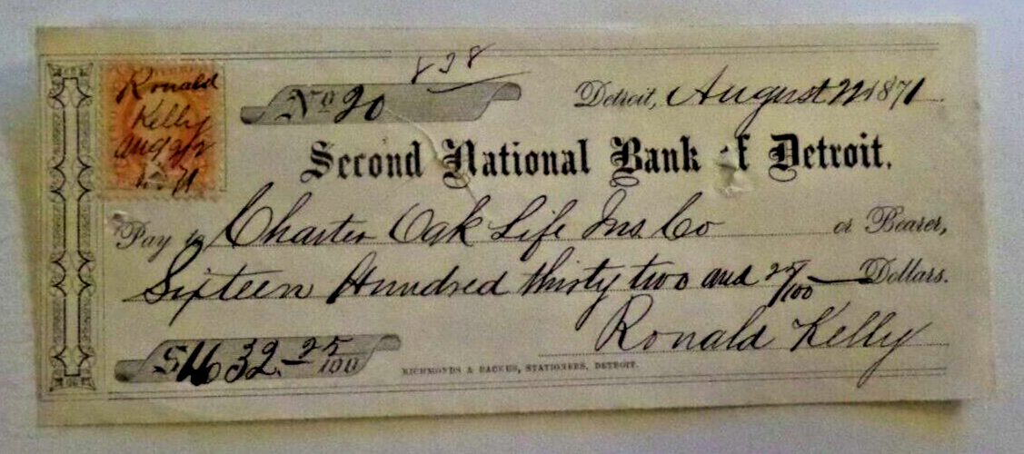 Second National Bank of Detroit 1871 check Charter Oak Life Insurance