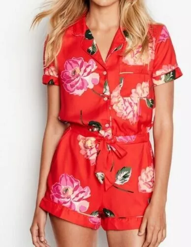 BNWOT VICTORIA S SECRET ROMPER JUMPSUIT PAJAMAS RED FLORAL PRINT