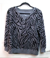 Style & Co. Sport Grey Black Velour Zebra Stripe Pullover Cotton Poly Size Large