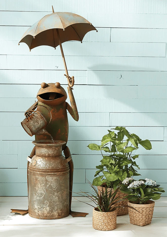 Farmhouse Country Garden Whimsical Frog w/ Watering Can Fountain Iron - Image 2 of 3
