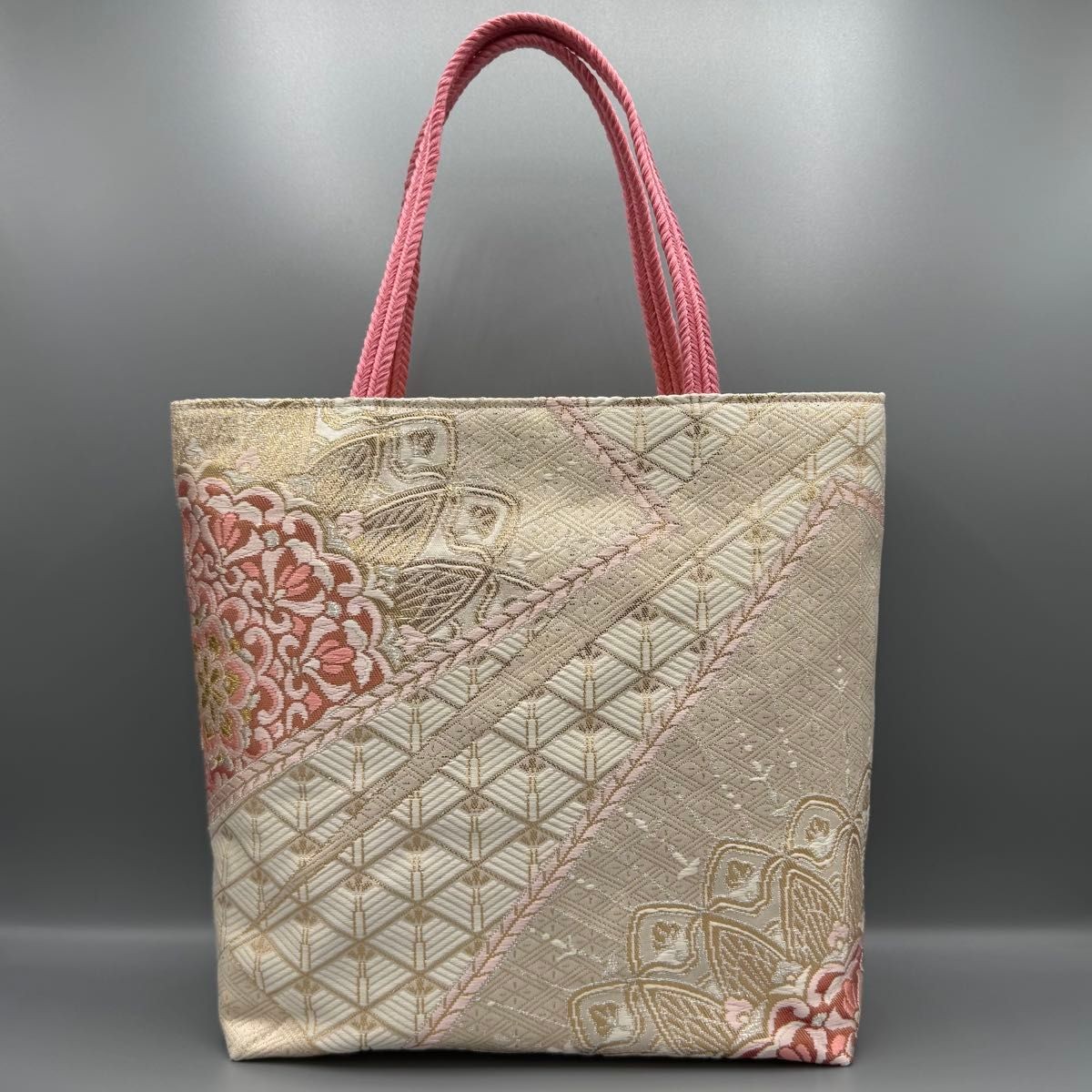 Japanese Kimono Obi Tote Bag Handmade Gold Pink Nishijin Weave Sakura Floral Design