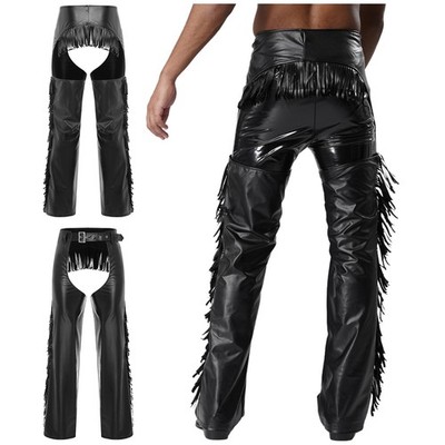 Mens Western Cowboy Chaps Faux Leather Fringed Tassels Trousers Pants Halloween