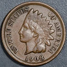 1908 1C INDIAN HEAD BRONZE CENT KM# 90a Grade:  F+ A7232